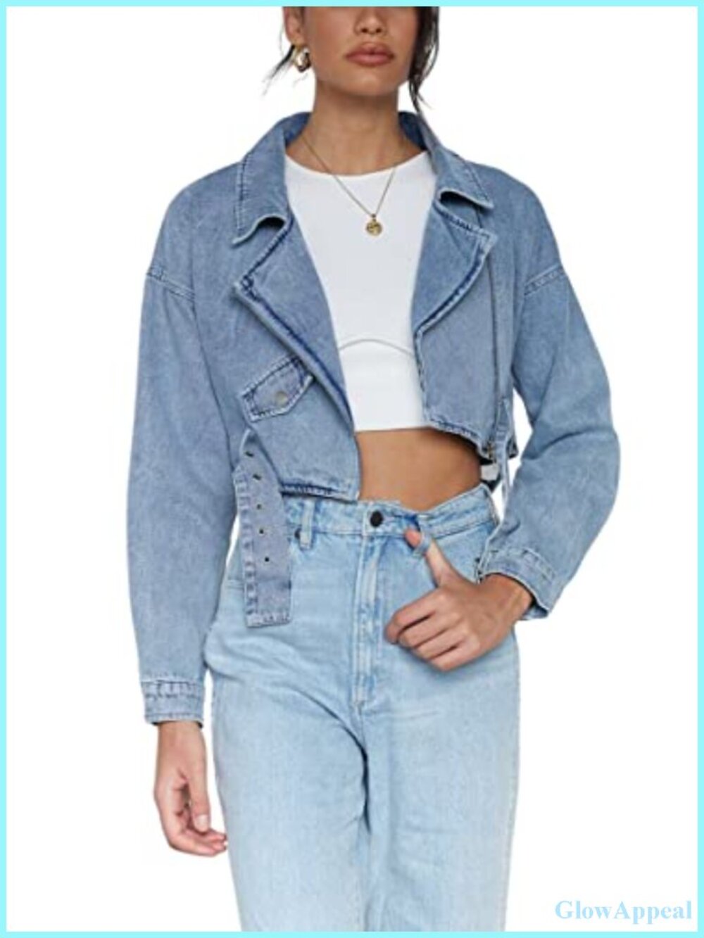 Cropped Denim Blazer Jacket Zip Belted Moto Style Loose Fit Long Sleeve